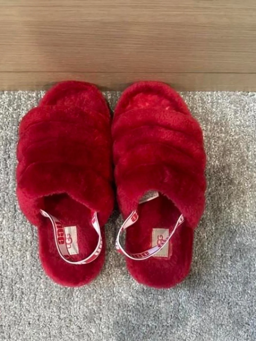 UGG Red Plush Slide Sandals with Logo Heel Strap
